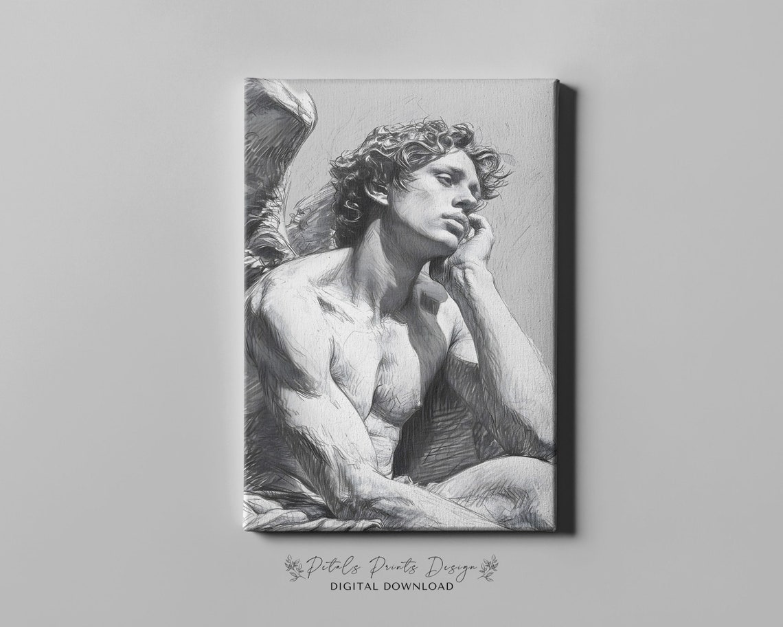 Pensive Angel Pencil Sketch Winged Figure Greyscale Drawing Poster - Image 4