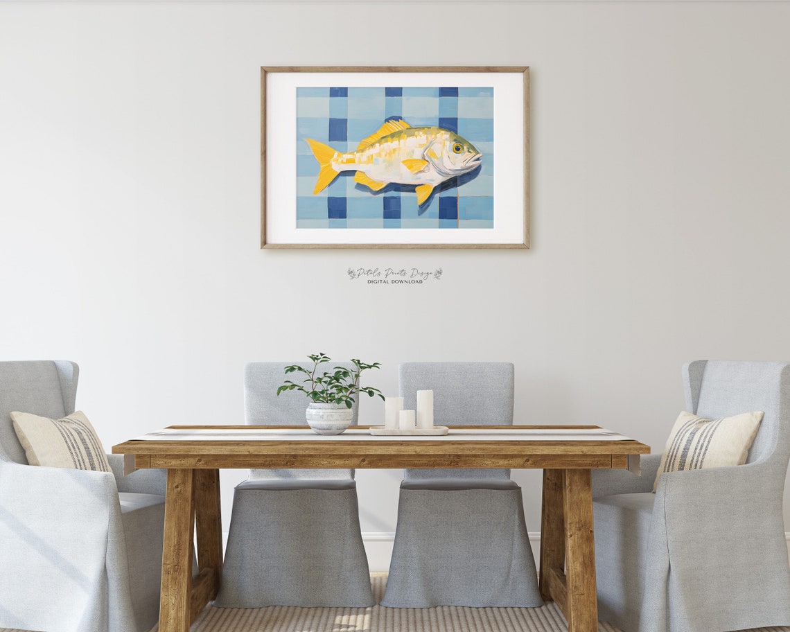Yellow Finned Fish on Blue Checkered Background Modern Art Poster - Image 2