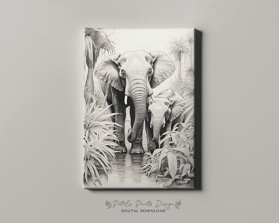 Elephant Mother and Calf Black White Jungle Sketch Wildlife Poster - Image 4