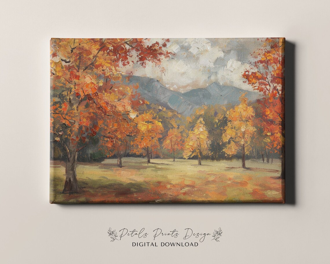 Moody Autumn Forest Mountains Oil Painting Vintage Fall Art Print - Image 4