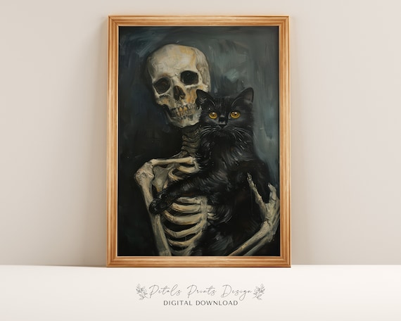 Skeleton And Black Cat Companions Gothic Halloween Painting Poster