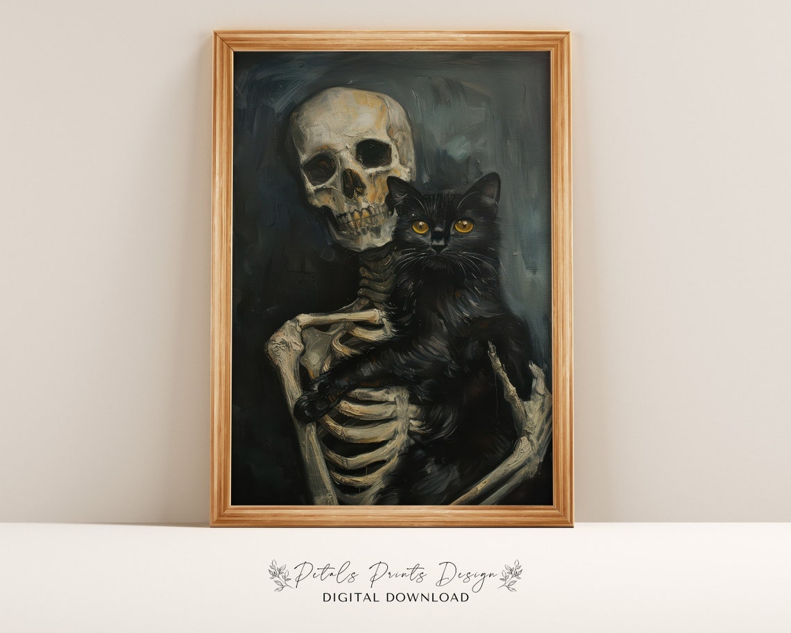Skeleton And Black Cat Companions Gothic Halloween Painting Poster
