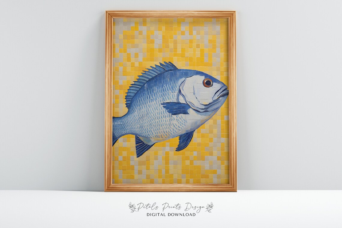 Blue Fish Yellow Mosaic Tile Background Portrait Ocean Art Poster