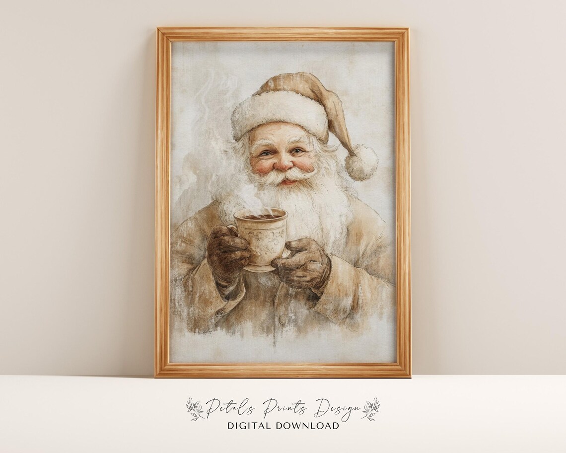 Neutral Santa Christmas Holiday Art Print, Rustic Vintage
