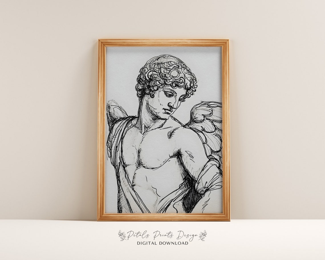 Classical Angel Ink Sketch Winged Figure Vintage Drawing Poster