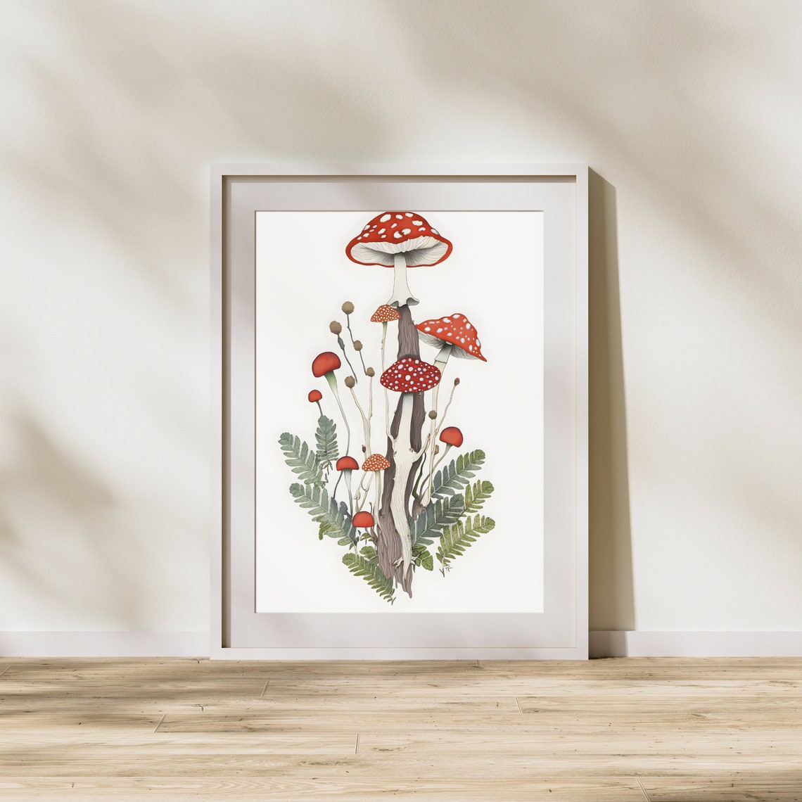 Red Fly Agaric Mushrooms with Ferns Folk Botanical Art Poster