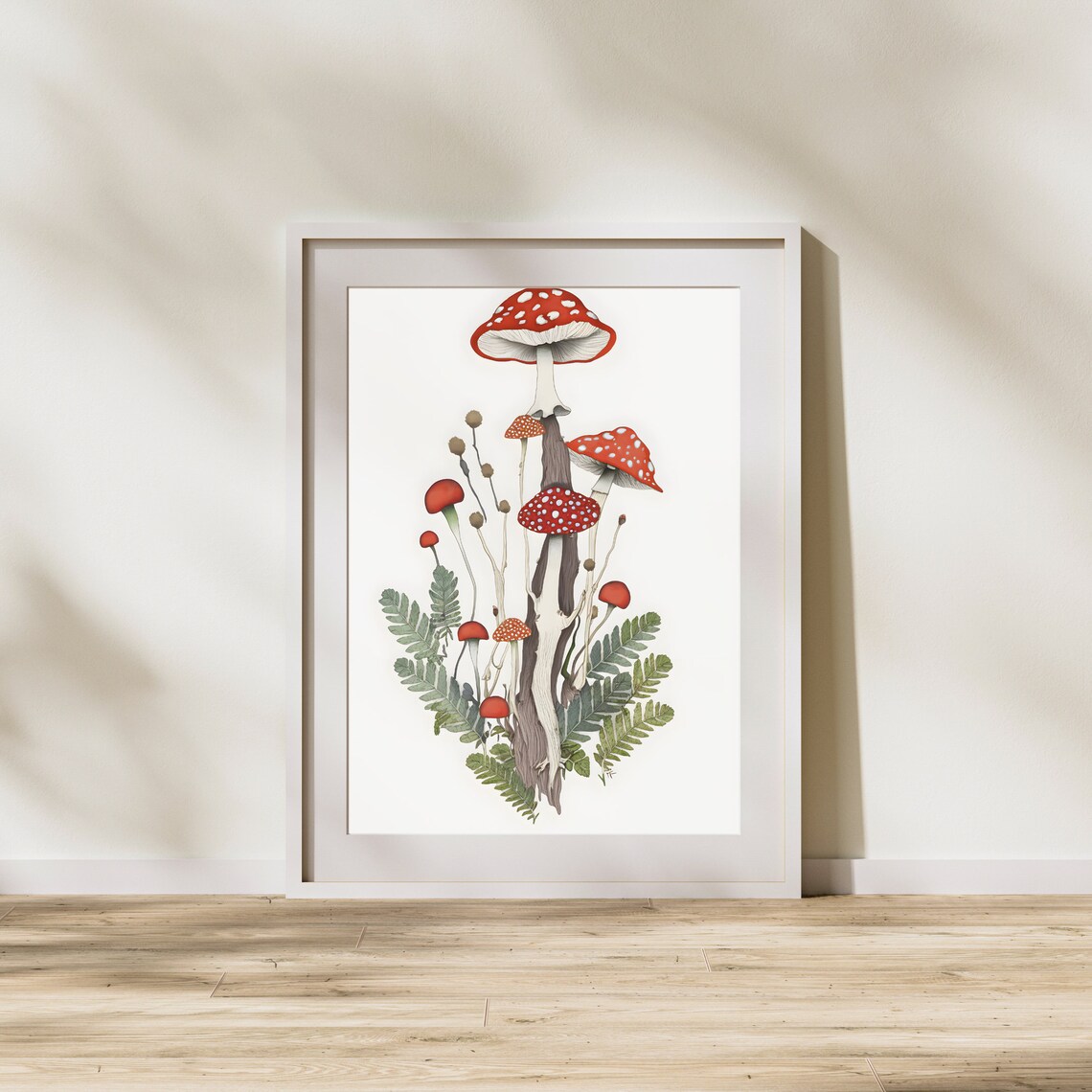 Red Mushroom Fern Print Folk Botanical Wall Art
