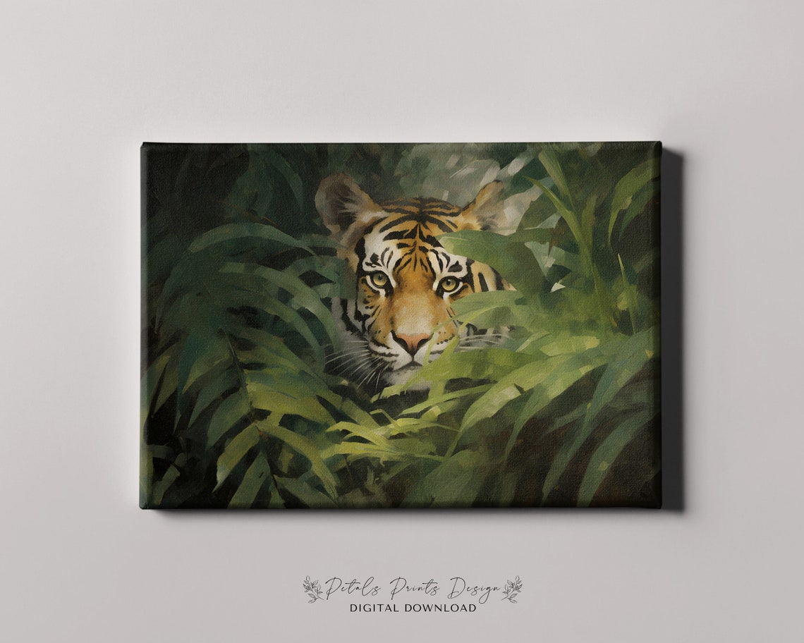 Tiger Face Peeking Through Dark Jungle Leaves Wildlife Art Poster - Image 4