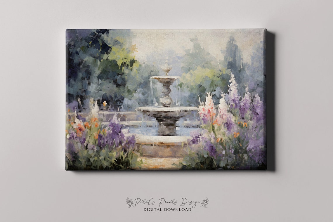 Stone Fountain in Blooming Garden Purple Flowers Impressionist Poster - Image 4