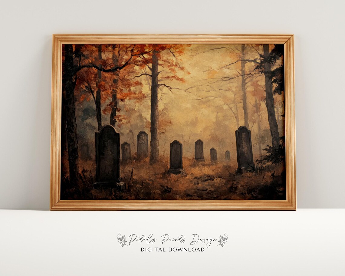 Misty Autumn Graveyard Tombstones Foggy Fall Forest Wall Art