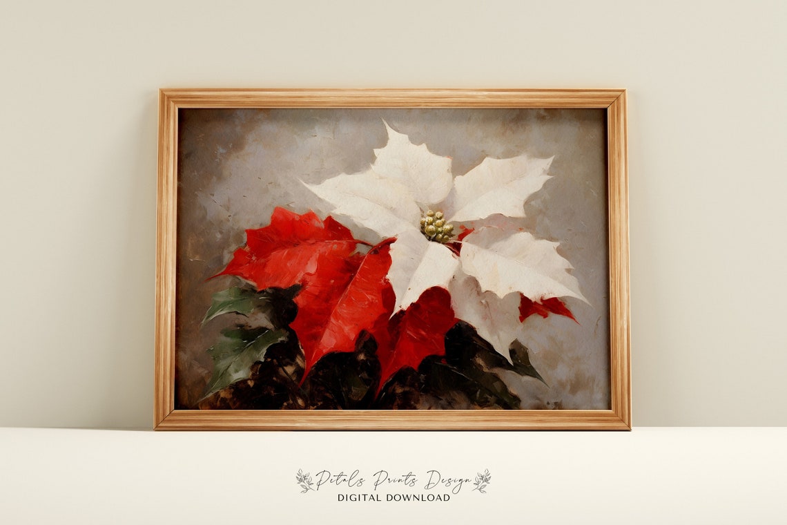 Red White Poinsettia Dark Background Vintage Christmas Poster