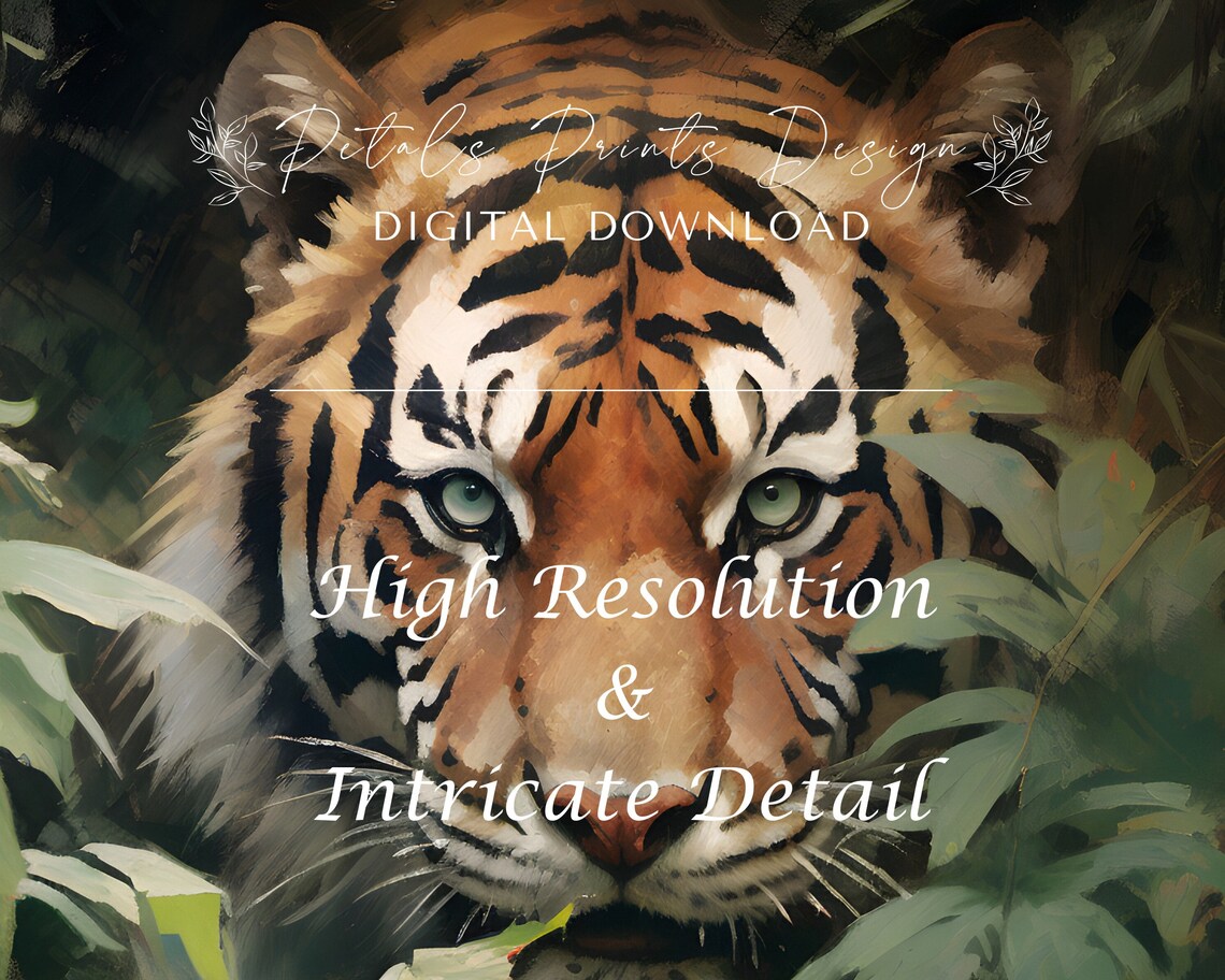Majestic Tiger Face Jungle Leaves Painterly Wildlife Portrait Poster - Image 3