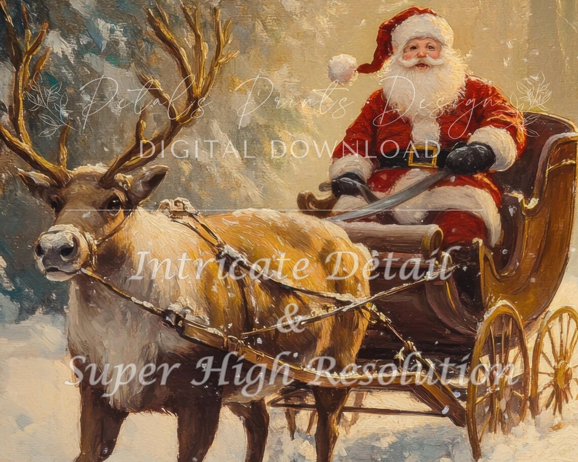 Santa Claus In Sleigh With Reindeer Snowy Christmas Painting Poster - Image 2
