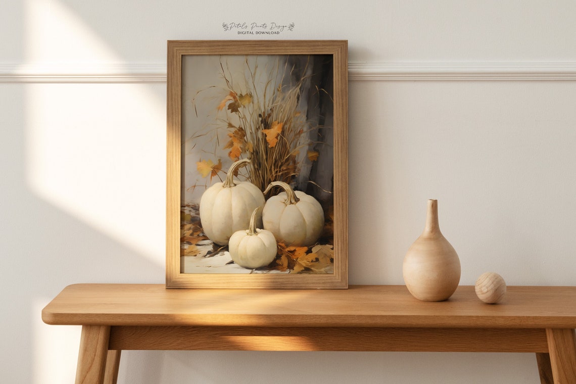 White Pumpkins Wheat Autumn Still Life Vintage Farmhouse Fall Poster - Image 4