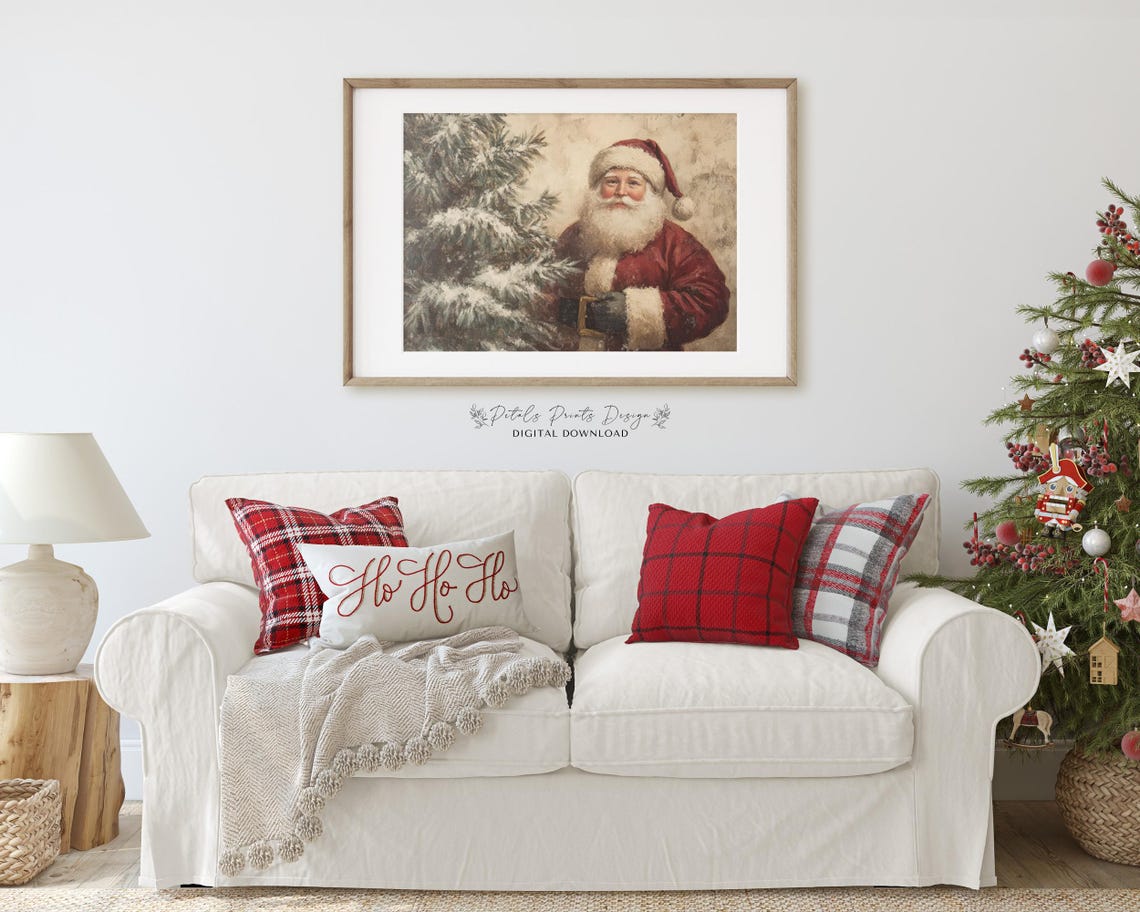 Santa Claus Beside Snowy Pine Tree Rustic Vintage Christmas Art Poster - Image 2