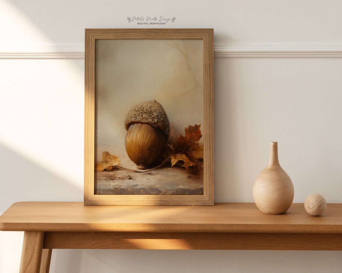 Acorn Resting Beside Oak Leaves in Soft Blue Gray Still Life Poster - Image 2