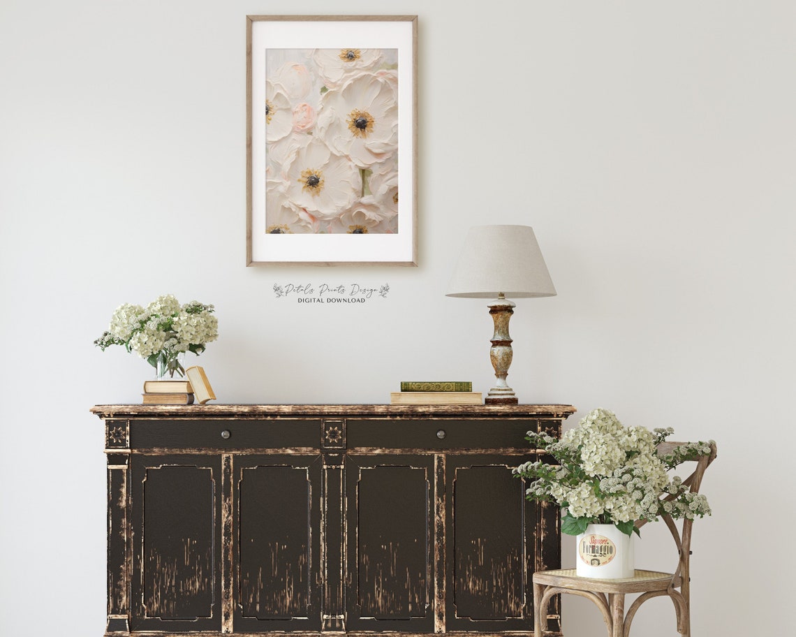 Close Up White Anemones Golden Centers Impasto Floral Poster - Image 2