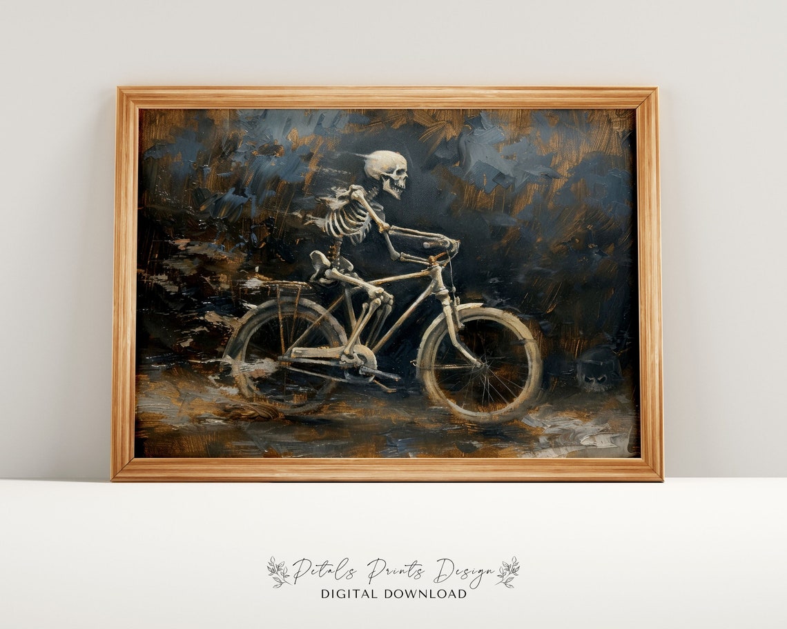 Skeleton Riding Vintage Bicycle Funny Halloween Painting Poster