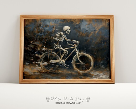 Skeleton Riding Vintage Bicycle Funny Halloween Painting Poster