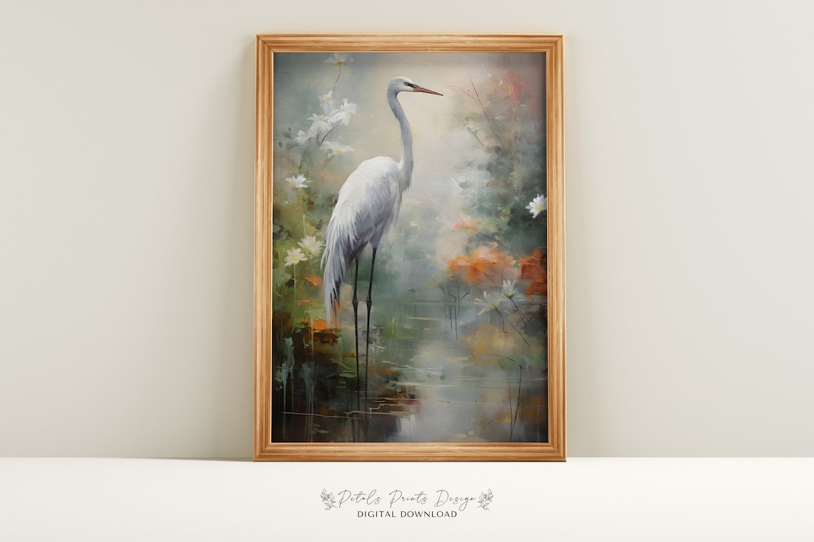 Heron Water Garden Vintage Oil Painting Art Print