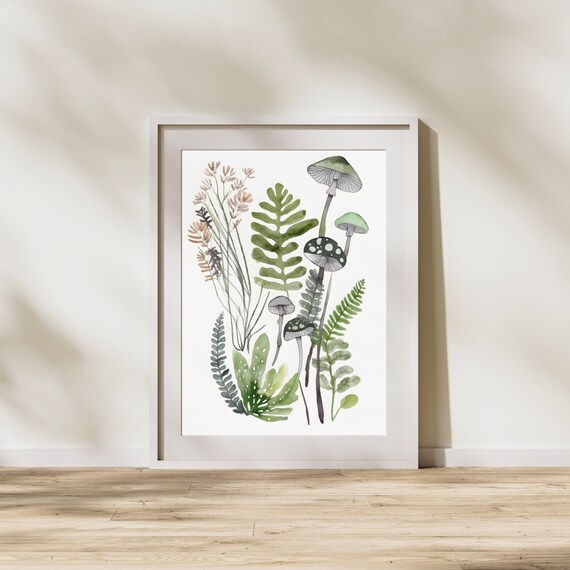 Mushroom And Fern Botanical Art Print Folk Style