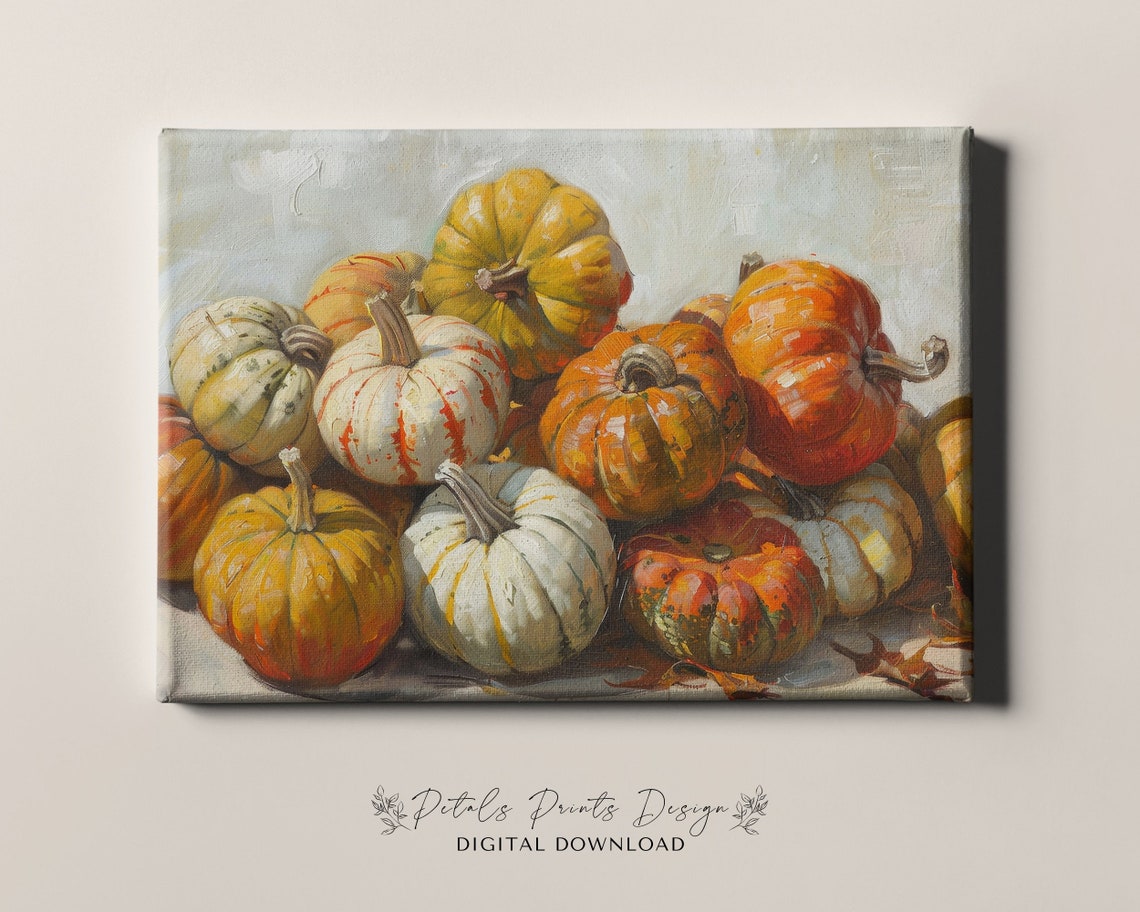 Rustic Pumpkin Pile Autumn Still Life Oil Painting Fall Poster - Image 4