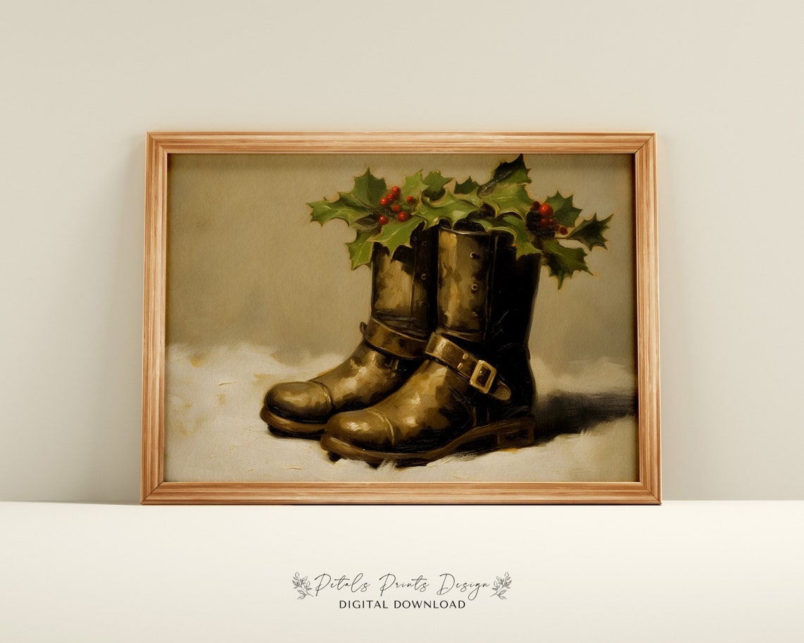 Vintage Boots with Holly Berries in Snow Christmas Still Life Poster