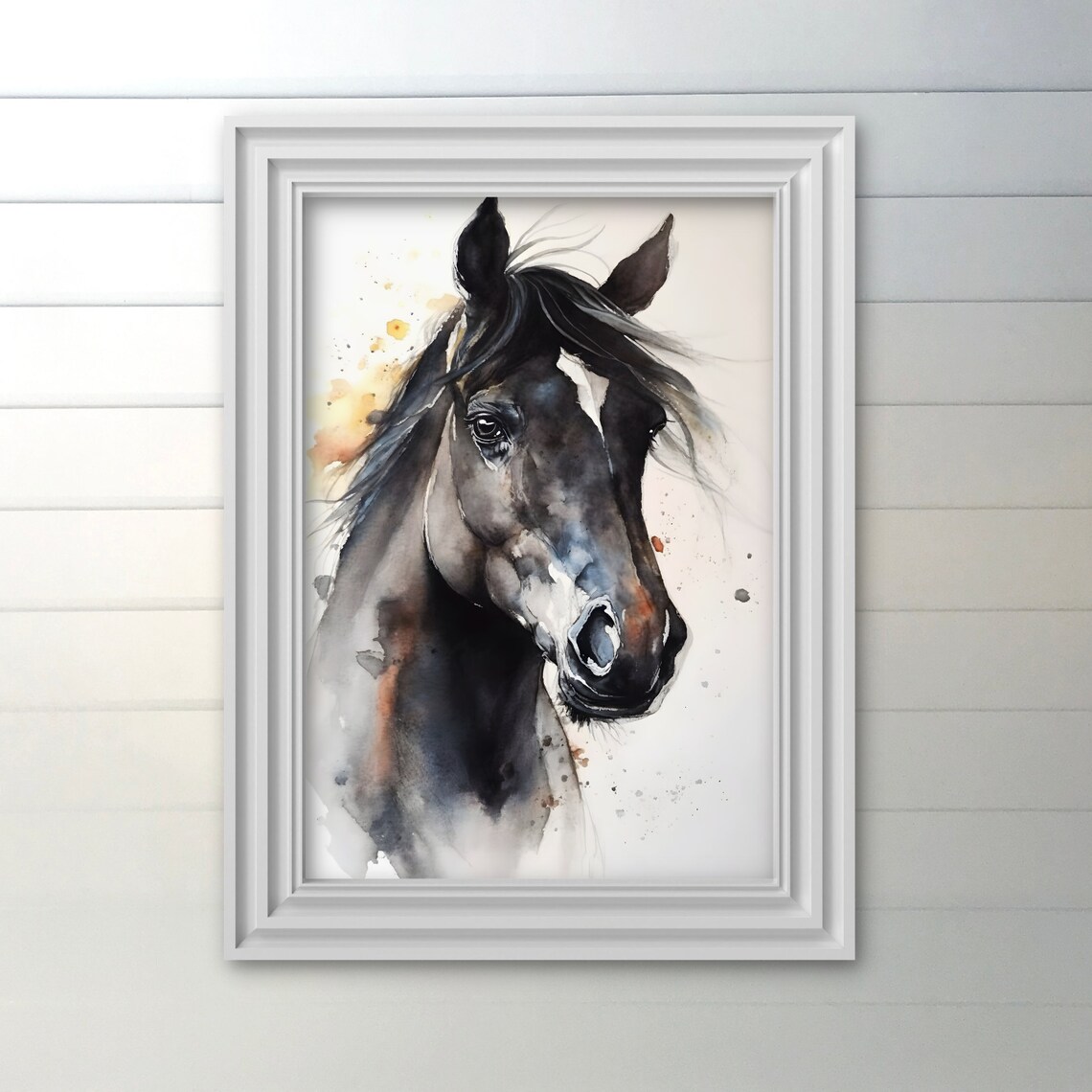 Black Horse Head Watercolor Equine Portrait Rustic Country Wall Art