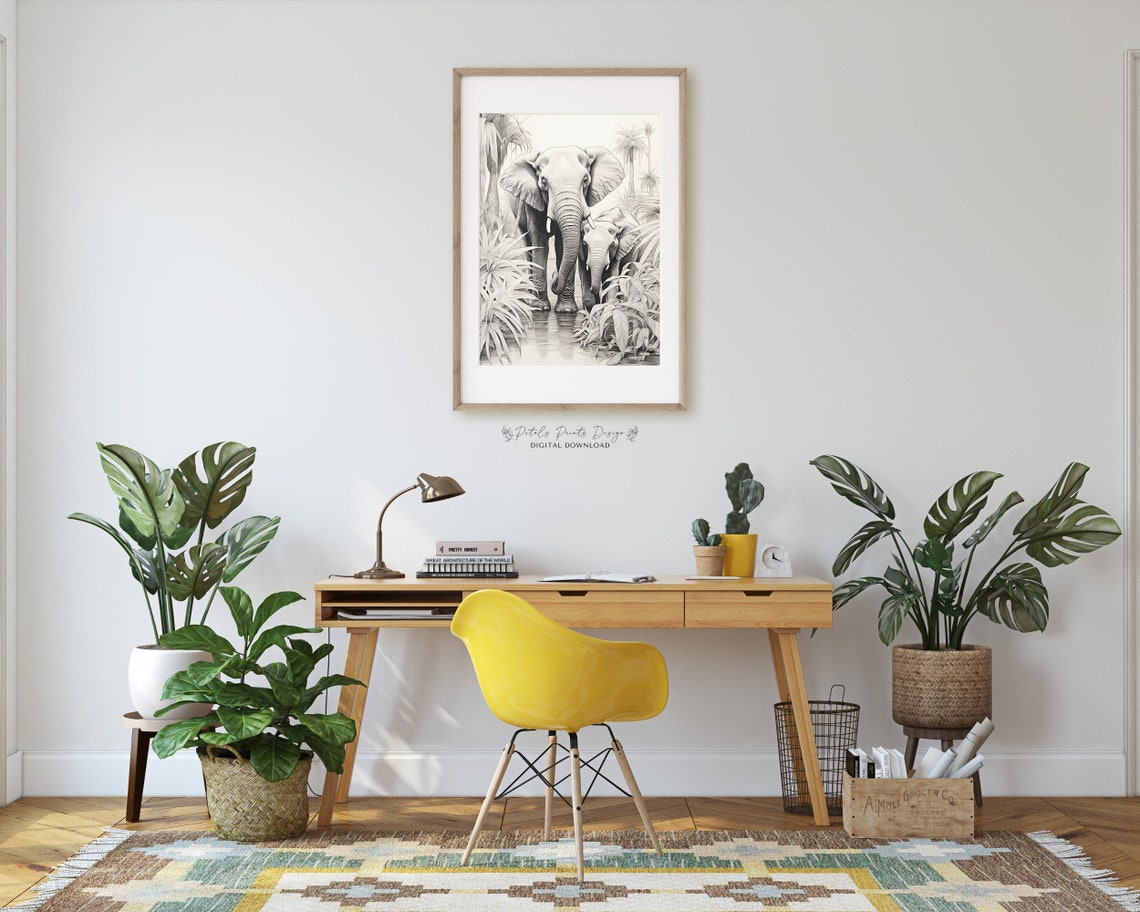 Elephant Mother and Calf Black White Jungle Sketch Wildlife Poster - Image 2