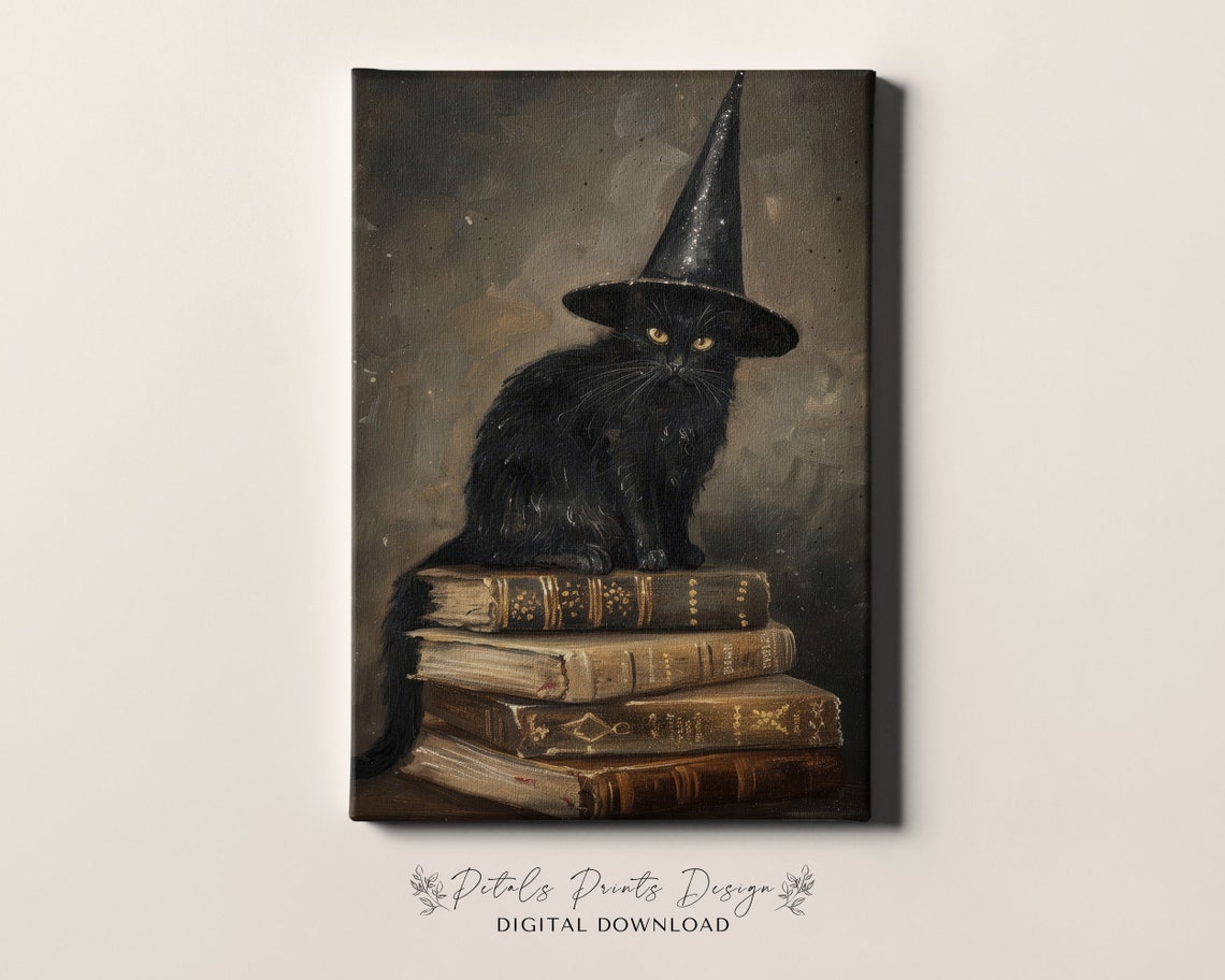 Black Cat Sitting On Tall Stack Of Books Witch Hat Halloween Poster - Image 4