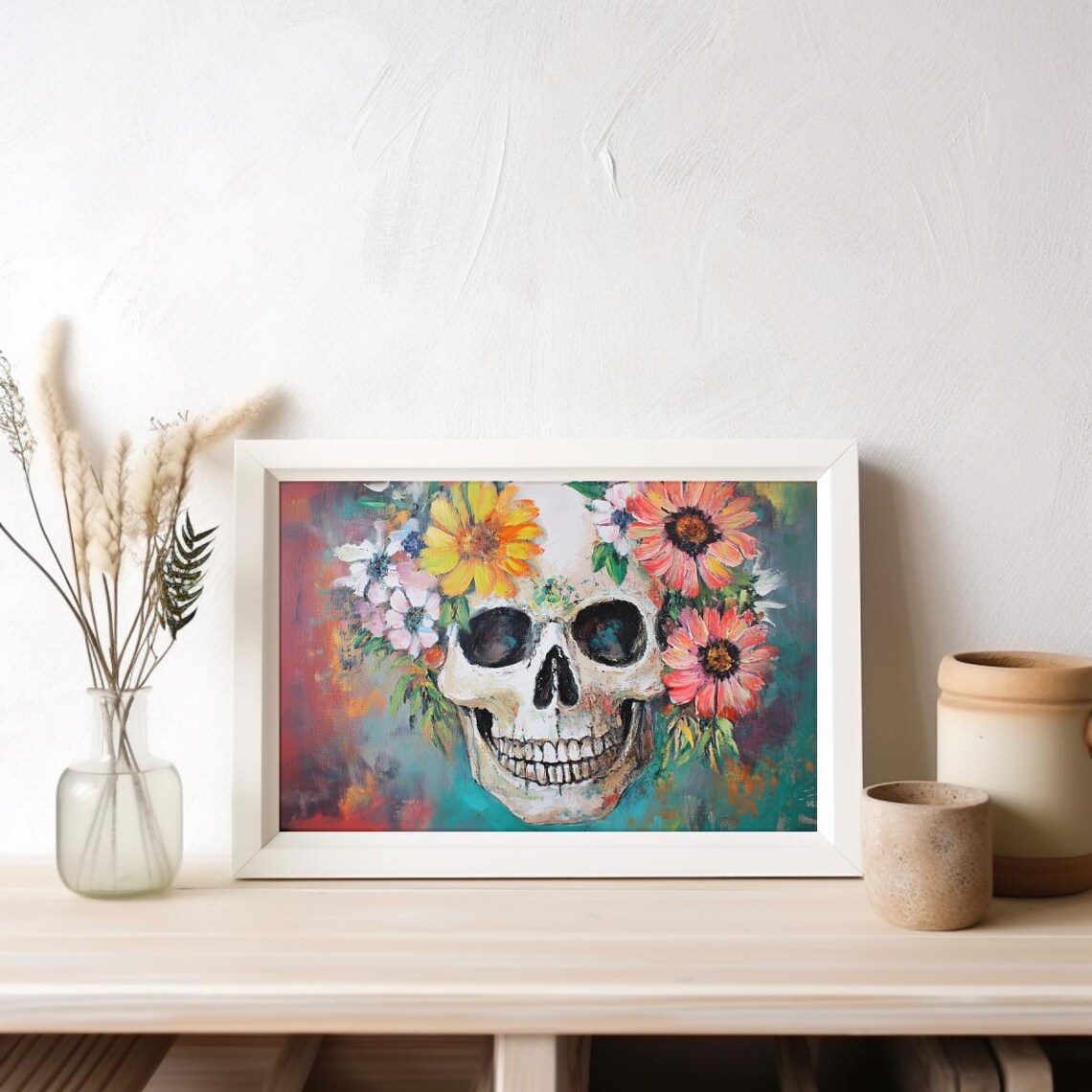 Colorful Floral Skull Still Life Gothic Halloween Wall Poster - Image 2