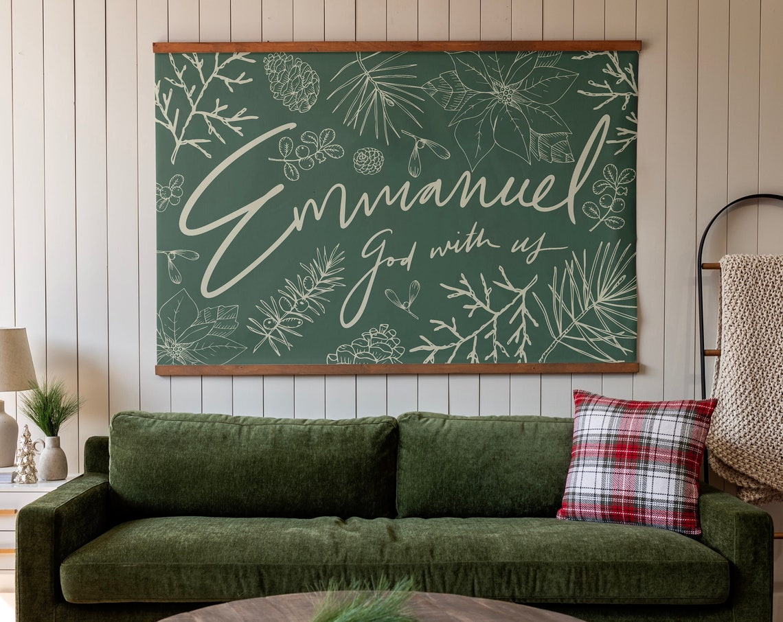Emmanuel God With Us Green Christmas Botanical Holiday Quote Poster