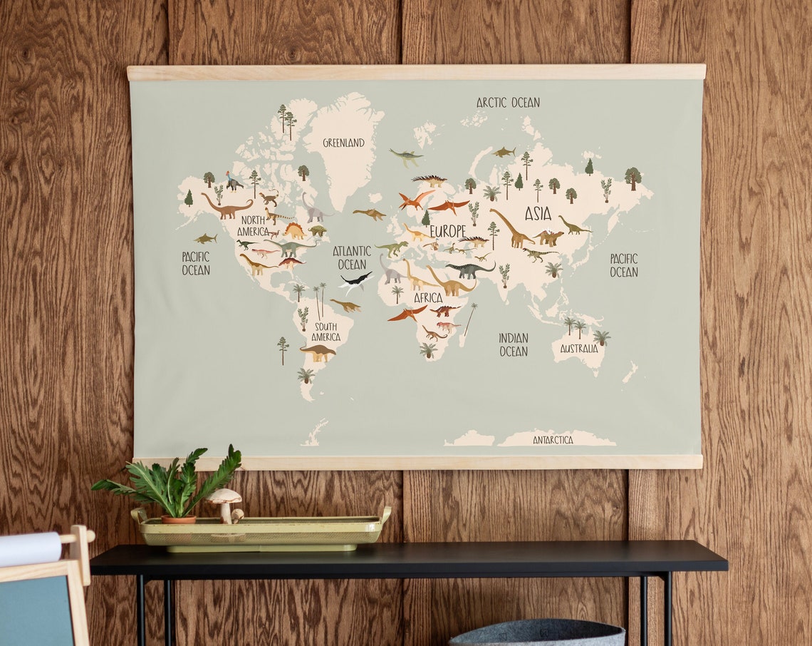 Dinosaur World Map With Continents and Ocean Labels Kids Room Poster