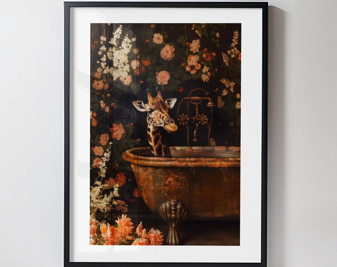 Giraffe In Bathtub Dark Floral Eclectic Bathroom Quirky Poster - Image 4
