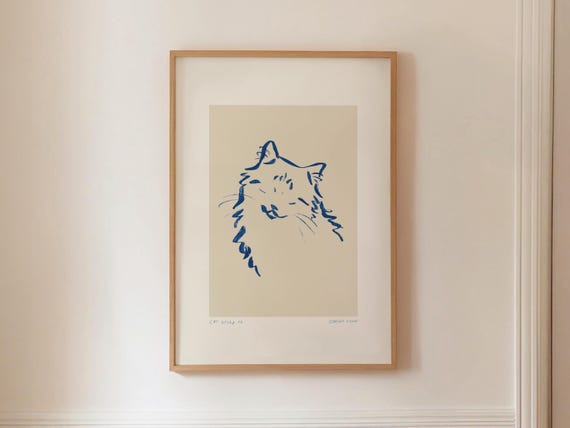 Modern Cat Print Scandi Feline Sketch Minimalist Painting Abstract Line Drawing Digital Download Simple Wall Art Neutral Blue Artwork