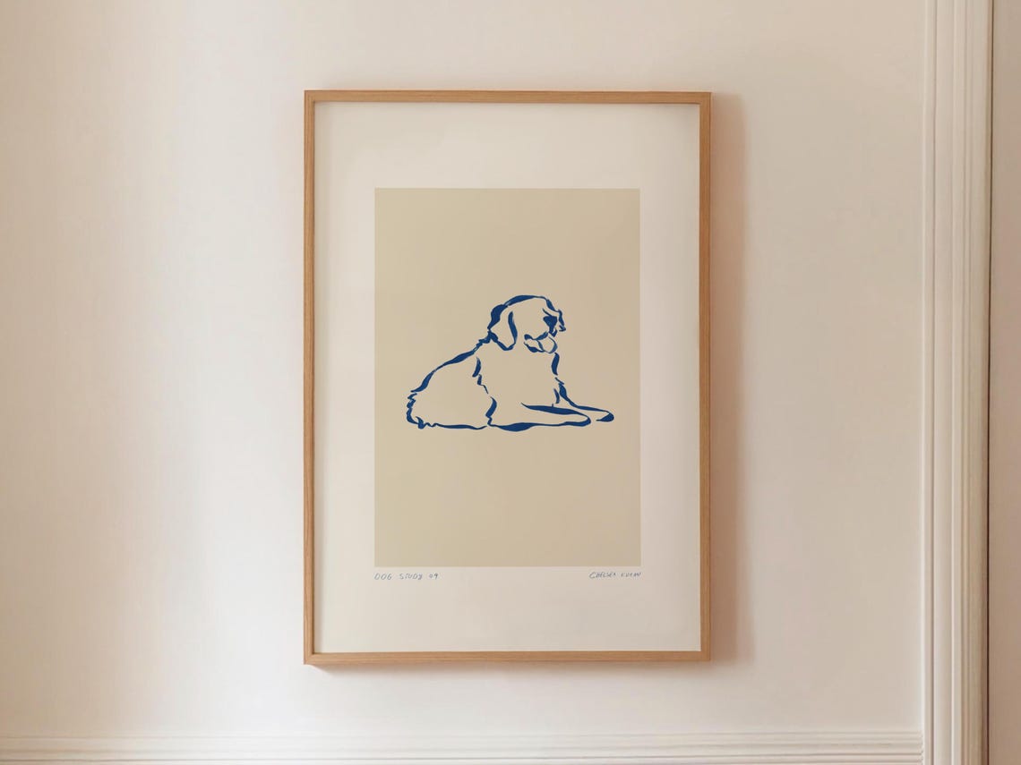 Resting Dog Line Drawing Minimalist Blue Canine Sketch Modern Poster