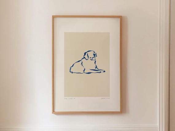 Resting Dog Print Simple Fine Art Poster Modern Animal Sketch Blue Contemporary Wall Instant Download Minimalist Scandi Home Decor