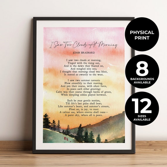 I Saw Two Clouds At Morning John Brainard Poem Print Wall Art Minimalist Literature Emotional Feelings Physical Print