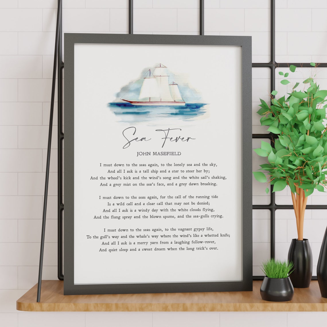 John Masefield Sea Fever Poem Sailboat Watercolor Quote Poster