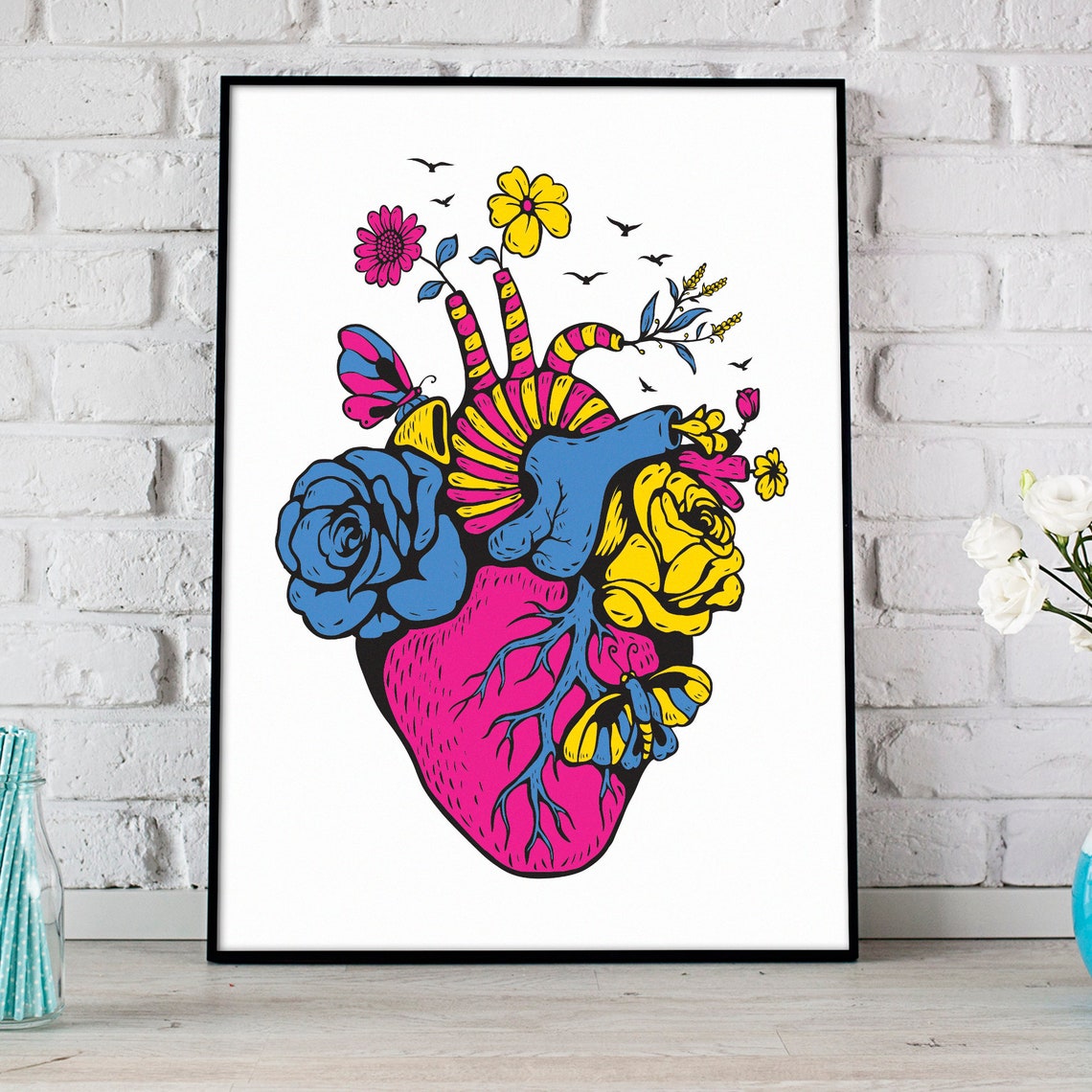 Pansexual Pride Heart Floral Anatomical Heart LGBTQ Art Print - Image 2