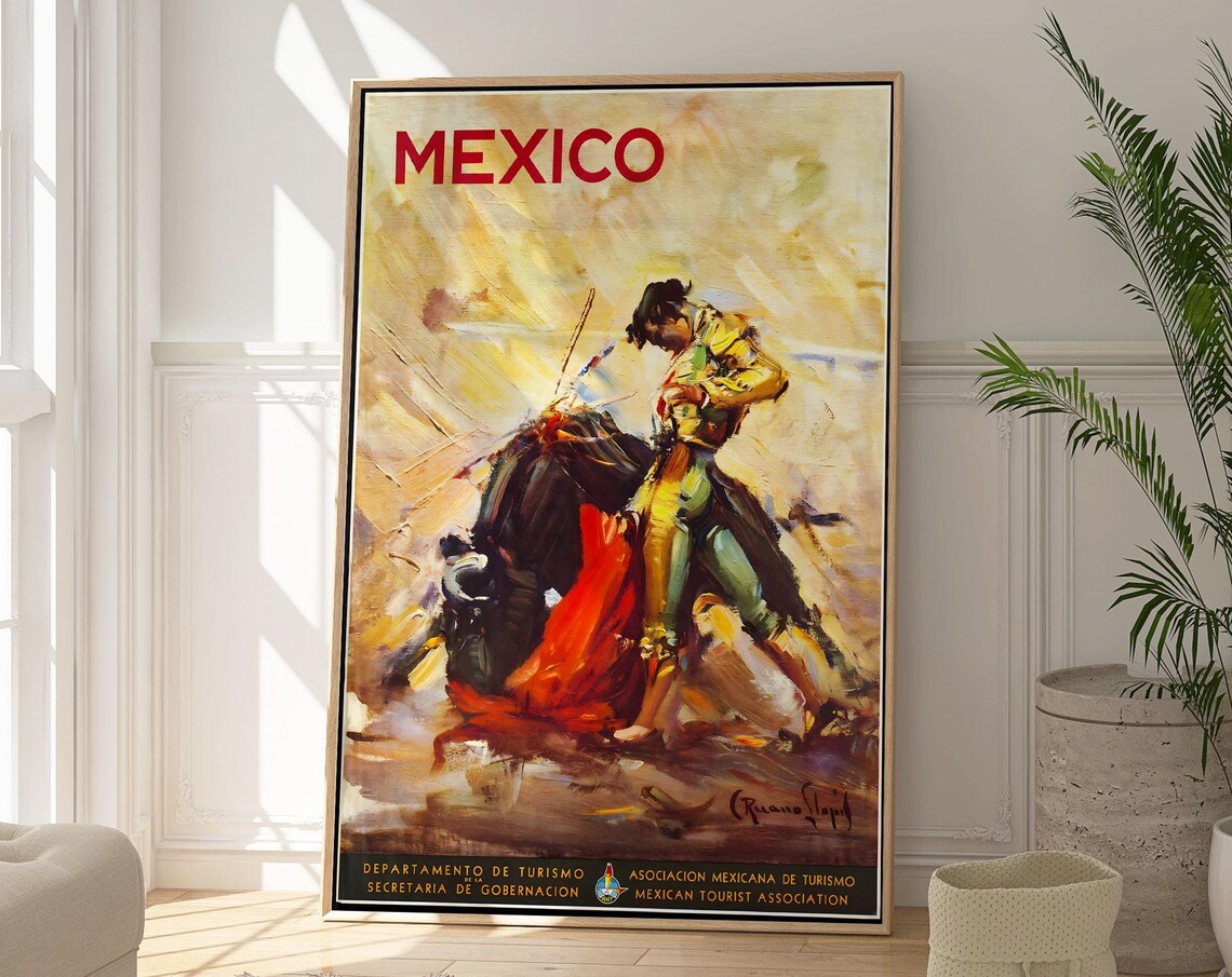 Mexico Vintage Travel Poster Bullfight Matador Red Cape Arena Painting