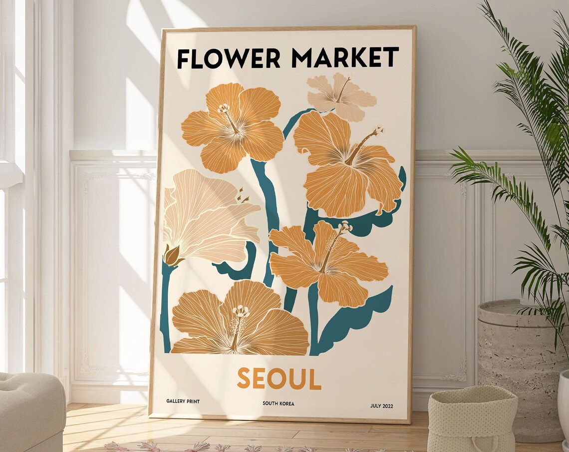 Flower Market Seoul Hibiscus Botanical South Korea Retro Travel Poster