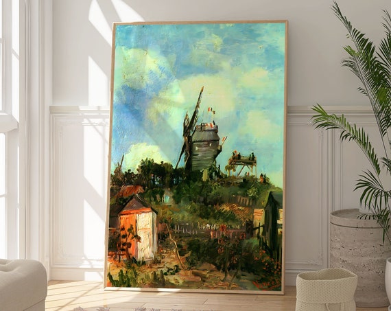 Van Gogh Windmill On Montmartre Art Print Modern Landscape Poster Famous Artist Colourful Impressionism Gallery Wall Art Decor Art Gift