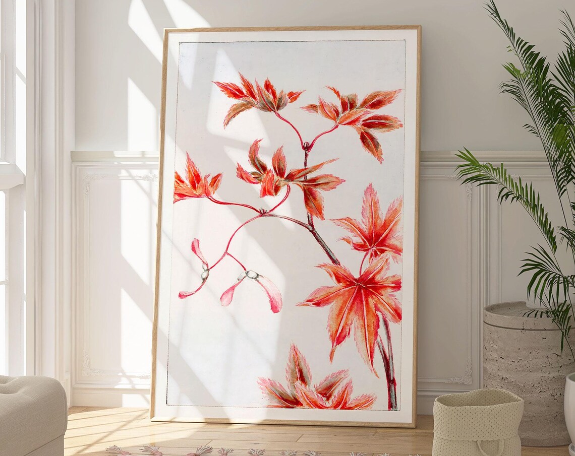 Japanese Red Maple Momiji Branch Watercolor Botanical Wall Art