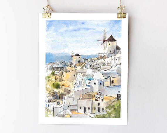Mykonos Windmills Greek Island Town Watercolor Travel Poster