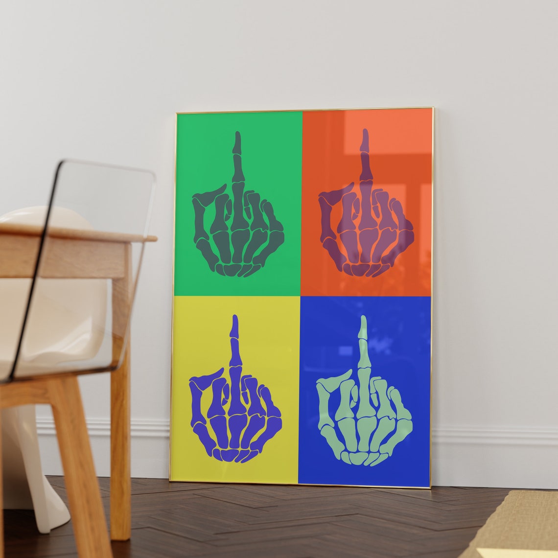Colorful Pop Art Skeleton Hand Middle Finger Four Panel Poster - Image 6