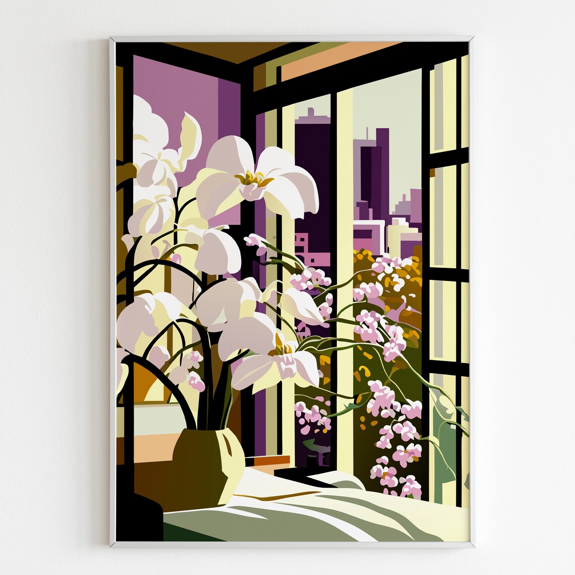 Dreamy Pink Orchids City Window View Floral Illustration Poster