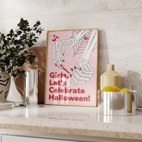 Girls Lets Celebrate Halloween Skeleton Hands Pink Spooky Fun Poster
