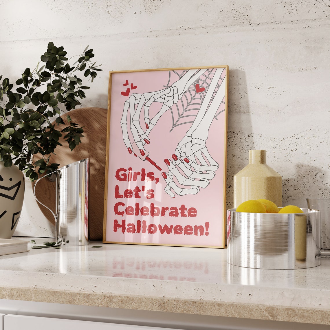 Girls Lets Celebrate Halloween Skeleton Hands Pink Spooky Fun Poster