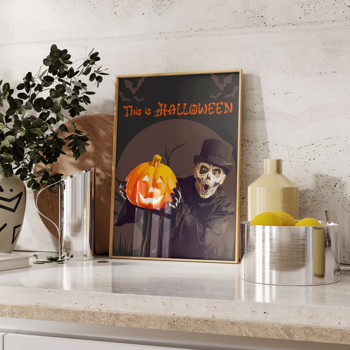 This Is Halloween Skeleton Top Hat Pumpkin Night Bats Spooky Poster - Image 3